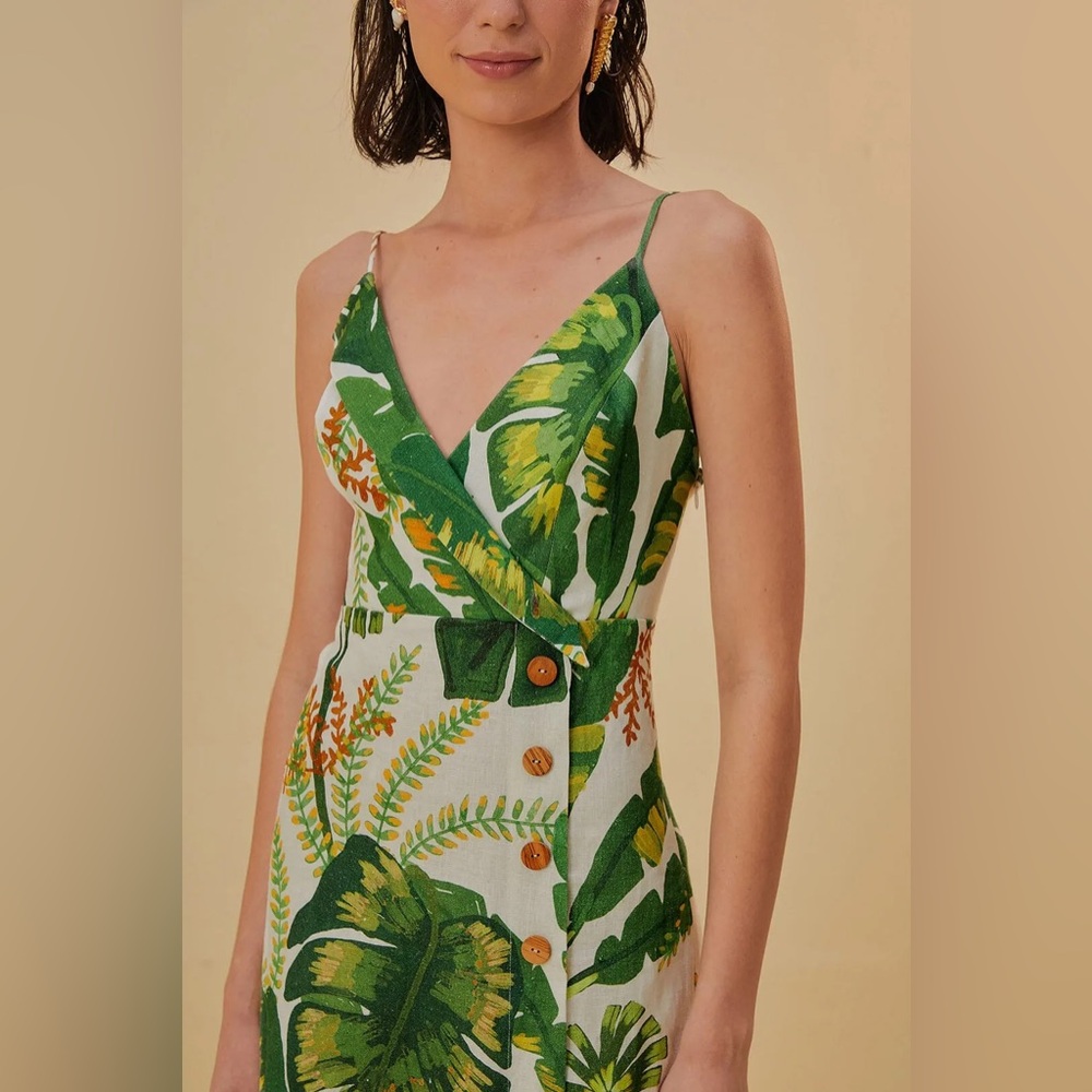 Farm Rio Tropical Forest Linen Mini Dress Green XS - Picture 7 of 10